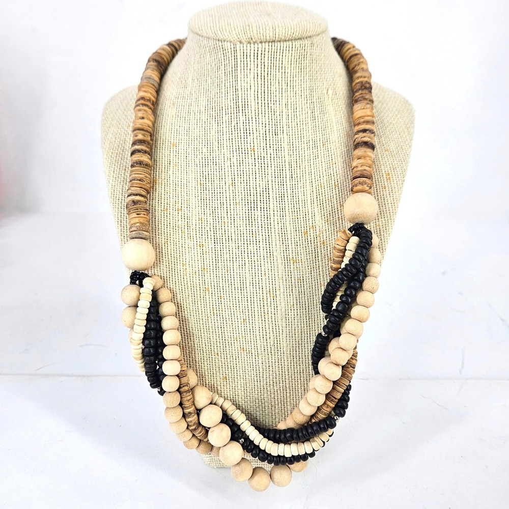 Vintage African Layered‎ Wood Bone Bead Necklace Natural Earthy Tribal Statement